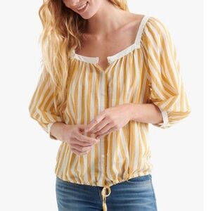 LUCKY BRAND yellow striped button up lightweight cotton blouse square neck XL
